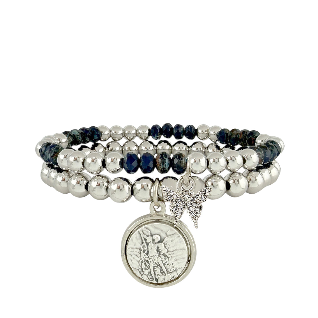 saint michael protection bracelet set silver beads navy gemstones spiritual jewelry