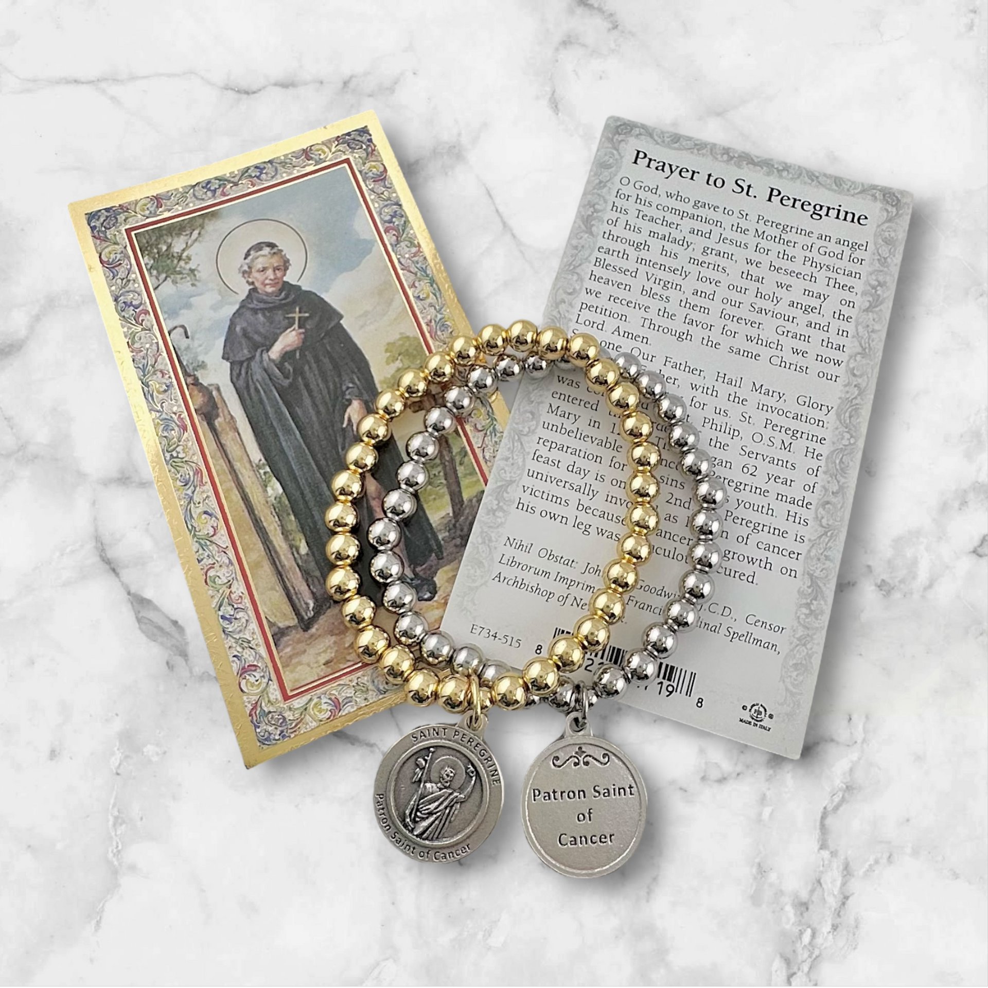 saint peregrine cancer bracelet set gold and silver with prayer card