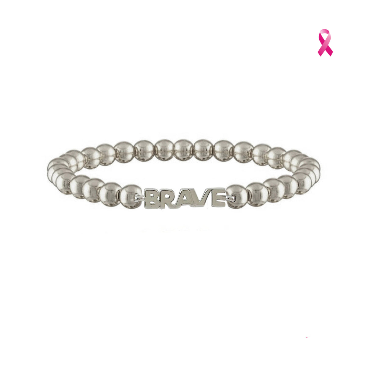 Love Lisa Samantha Breast Cancer Awareness BRAVE Bracelet in Silver with polished metal beads, BRAVE word detail across the front, and pink ribbon awareness badge