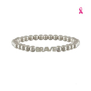 Love Lisa Samantha Breast Cancer Awareness BRAVE Bracelet in Silver with polished metal beads, BRAVE word detail across the front, and pink ribbon awareness badge