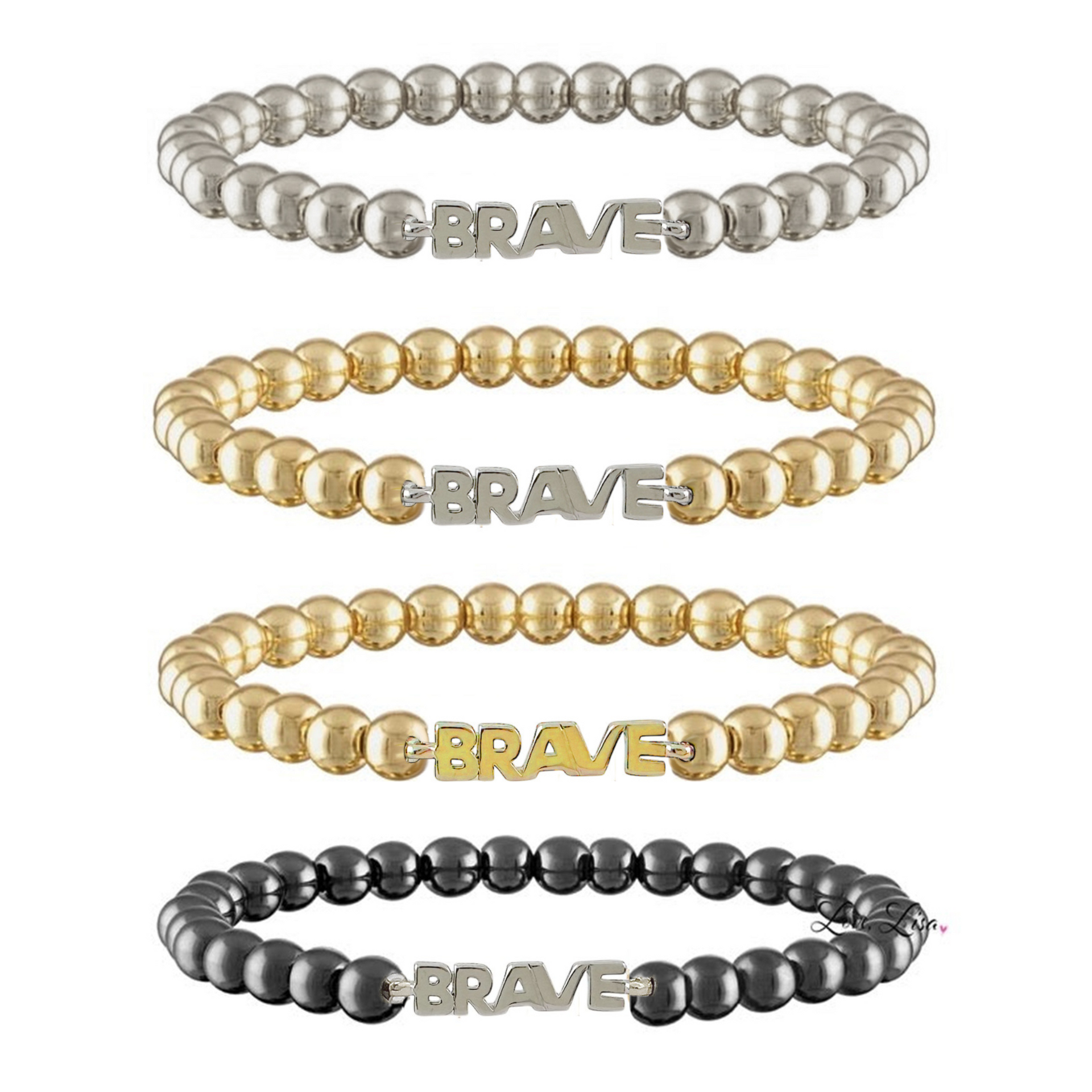 Set of four beaded bracelets with 'BRAVE' text on a white background