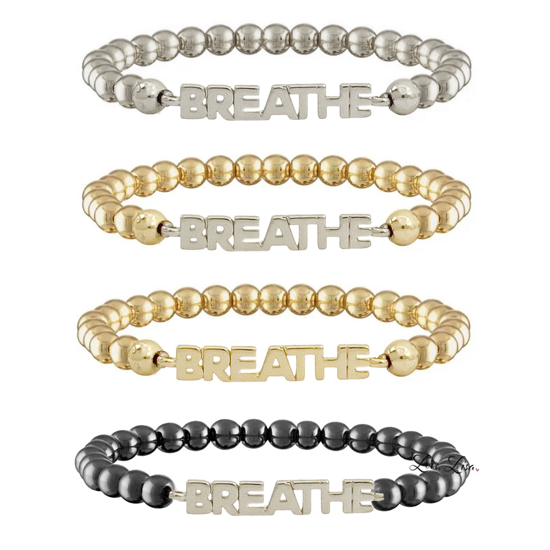 Set of four beaded bracelets with 'BREATHE' charm in different colors on a white background