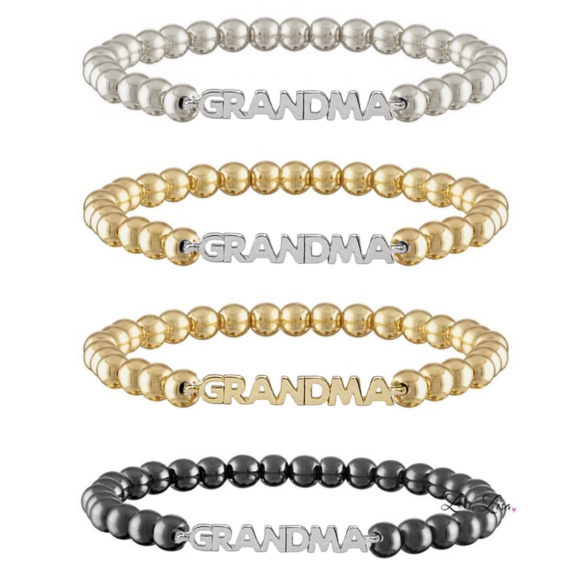 Set of four beaded bracelets with 'GRANDMA' on a white background