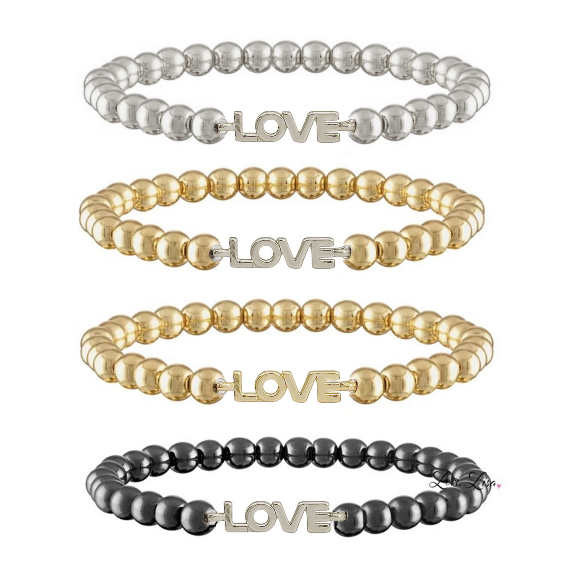 Set of four beaded bracelets with 'LOVE' charm in silver, gold, and black on a white background