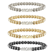 Set of four beaded bracelets with 'MOM' charm in different colors on a white background