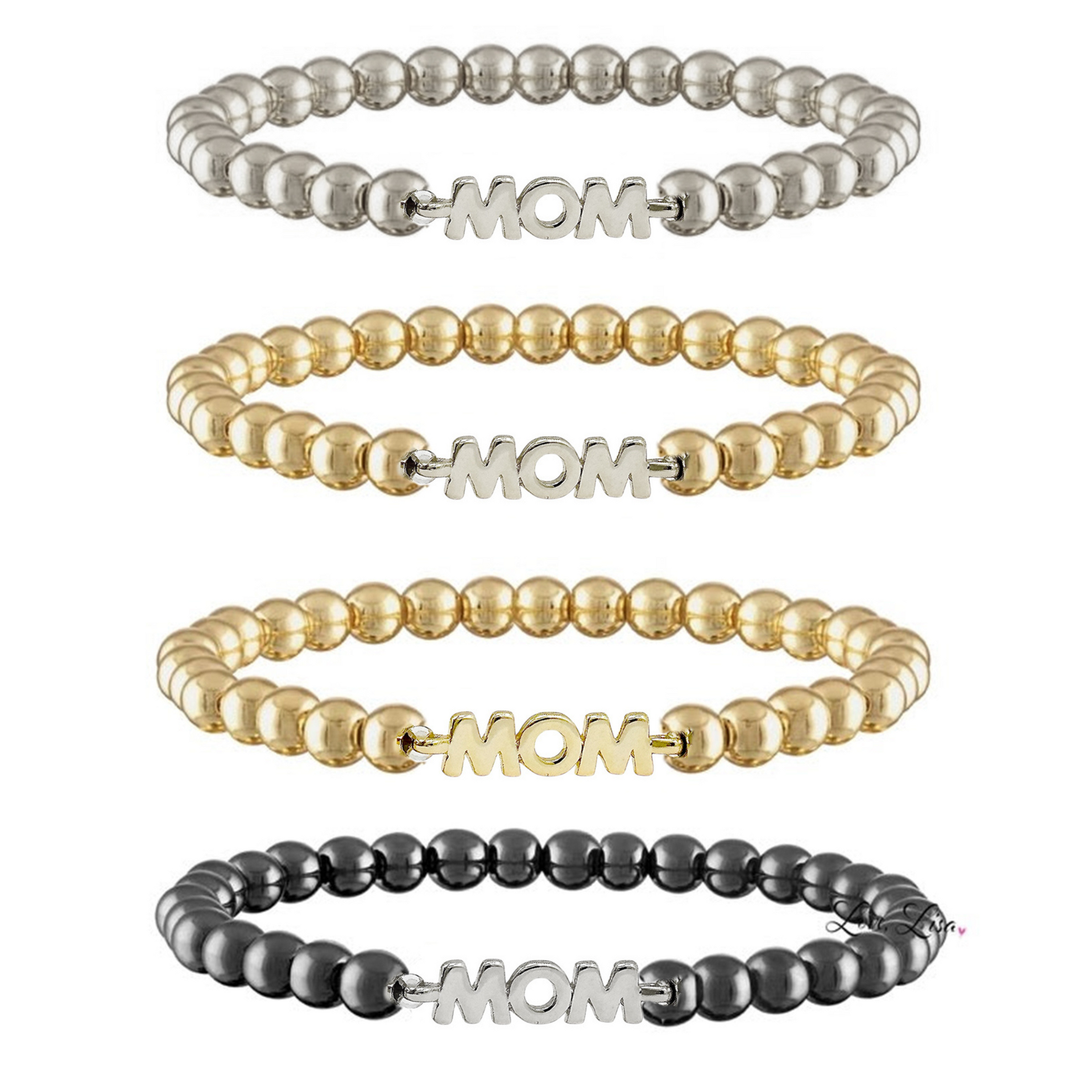 Set of four beaded bracelets with 'MOM' charm in different colors on a white background