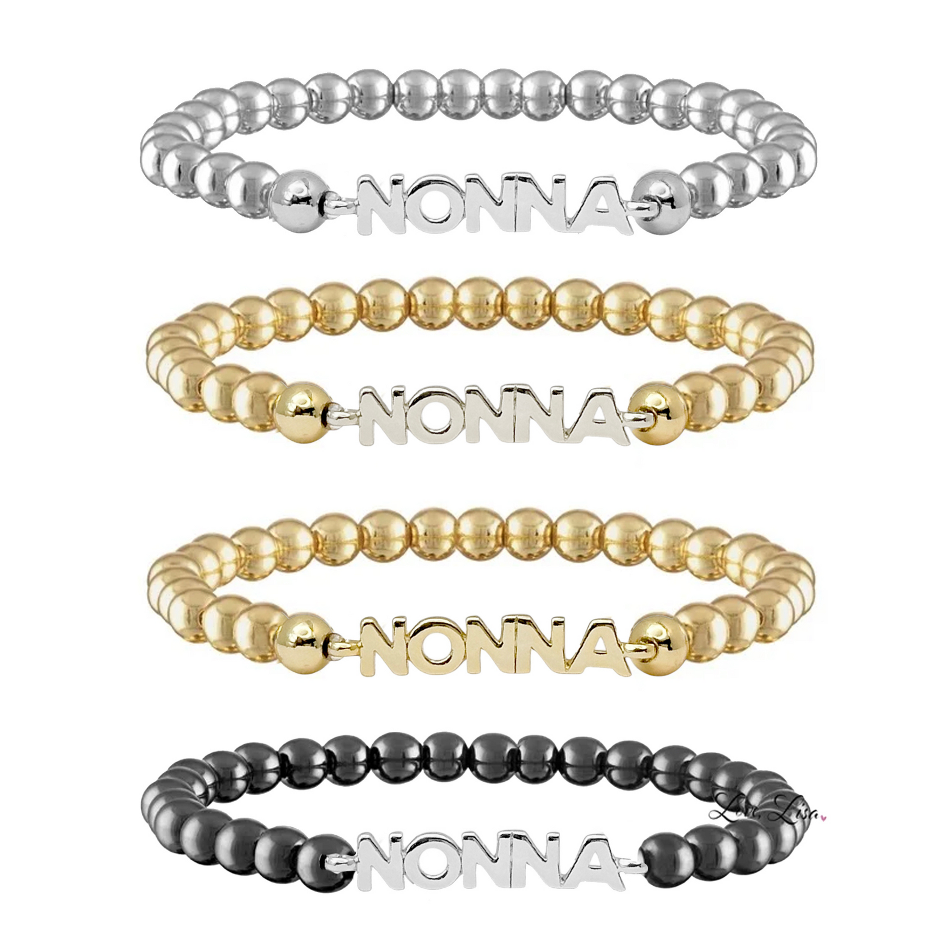 Set of four beaded bracelets with 'NONNA' on a white background