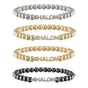 Set of four beaded bracelets with 'SHALOM' text on a white background