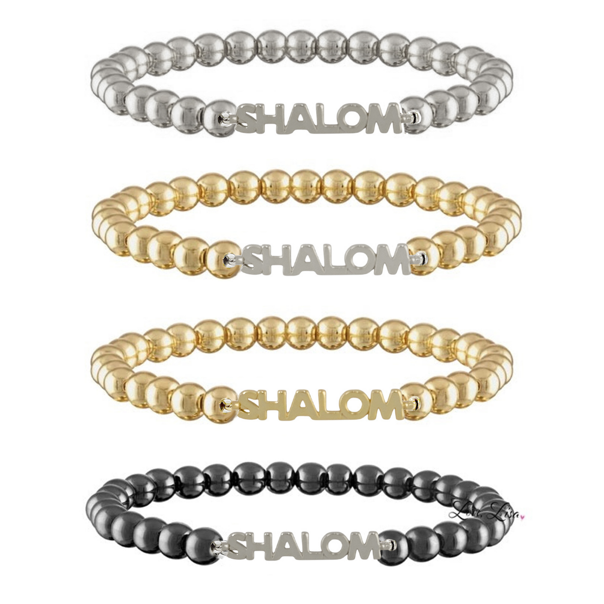 Set of four beaded bracelets with 'SHALOM' text on a white background