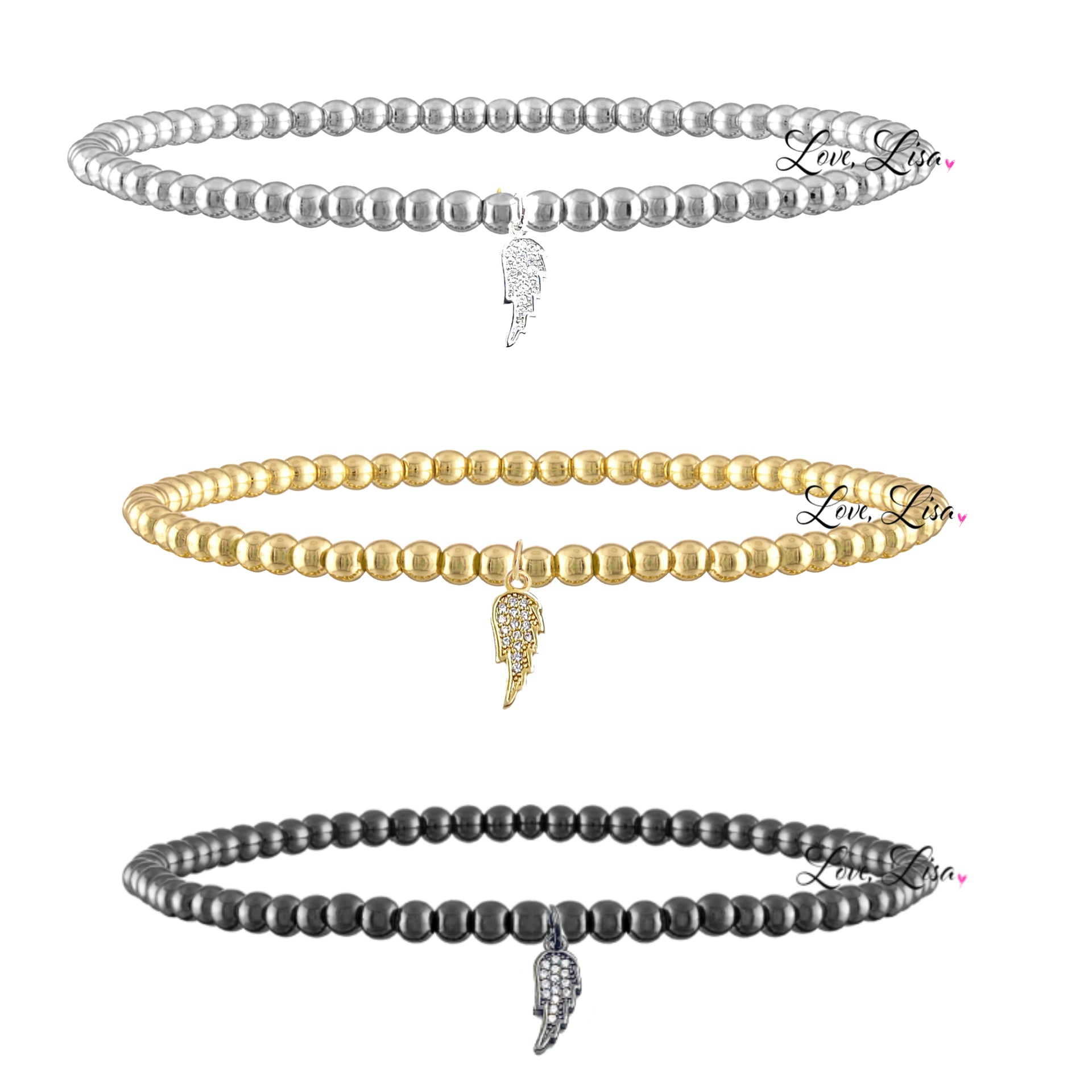 4mm beaded Sami Luxe Charm Bracelet with angel wing charm in silver, gold and gunmetal