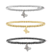 3mm beaded bracelet with pave butterfly charm shown in silver, gold and gunmetal