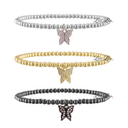 3mm beaded bracelet with pave favorite butterfly charm shown in silver, gold and gunmetal