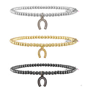 3mm beaded bracelet with pave horseshoe charm shown in silver, gold and gunmetal