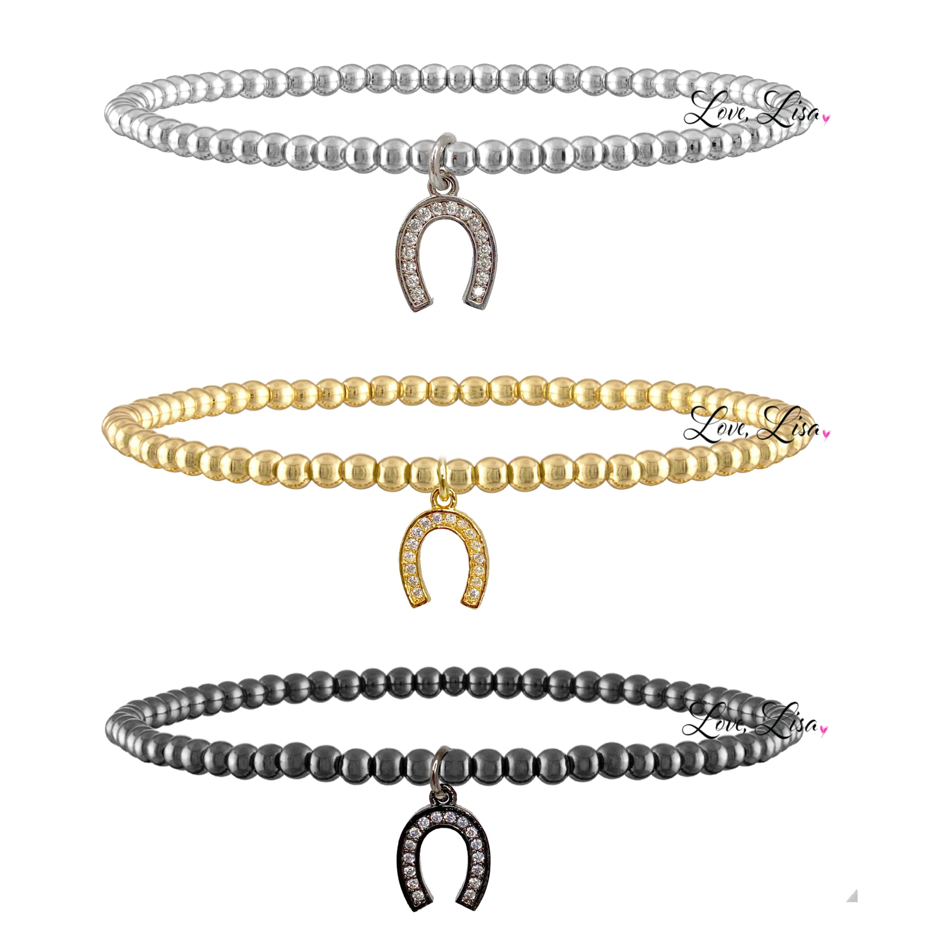 3mm beaded bracelet with pave horseshoe charm shown in silver, gold and gunmetal