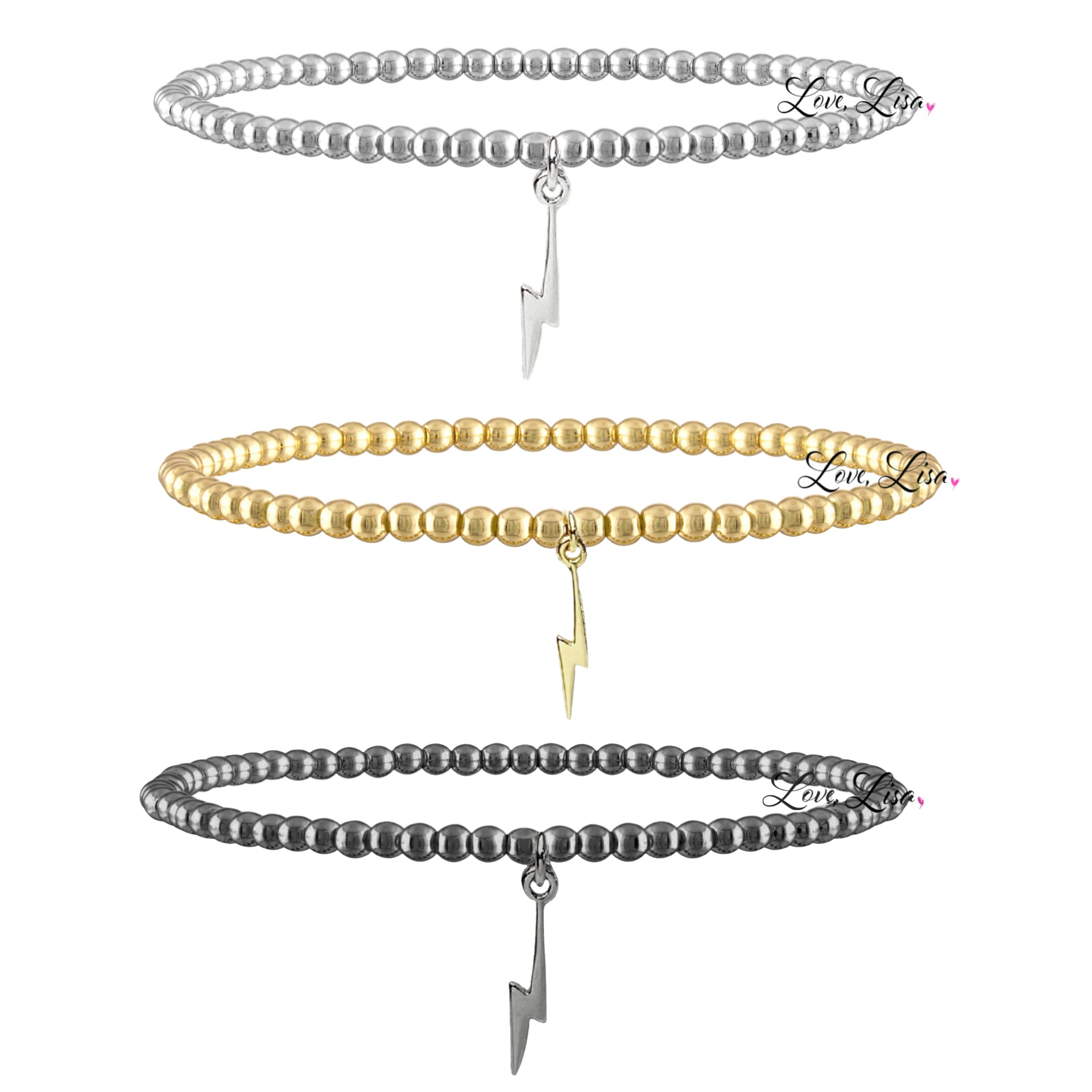 3mm beaded bracelet with lightning bolt charm shown in silver, gold and gunmetal