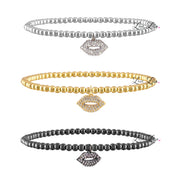 3mm beaded bracelet with pave lips charm shown in silver, gold and gunmetal