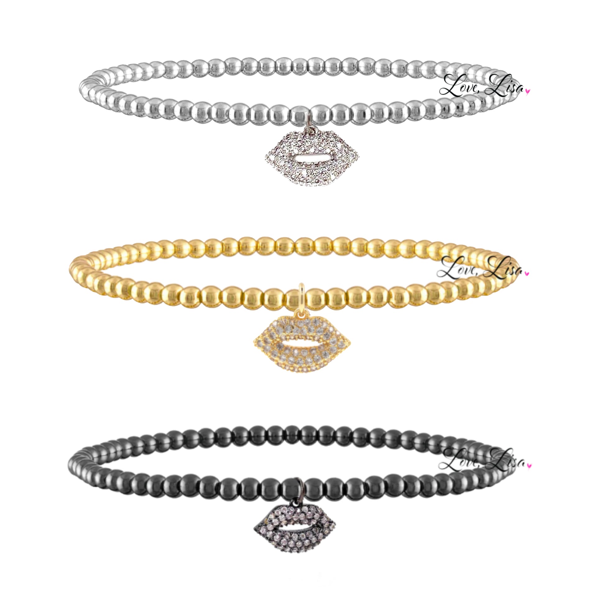 3mm beaded bracelet with pave lips charm shown in silver, gold and gunmetal