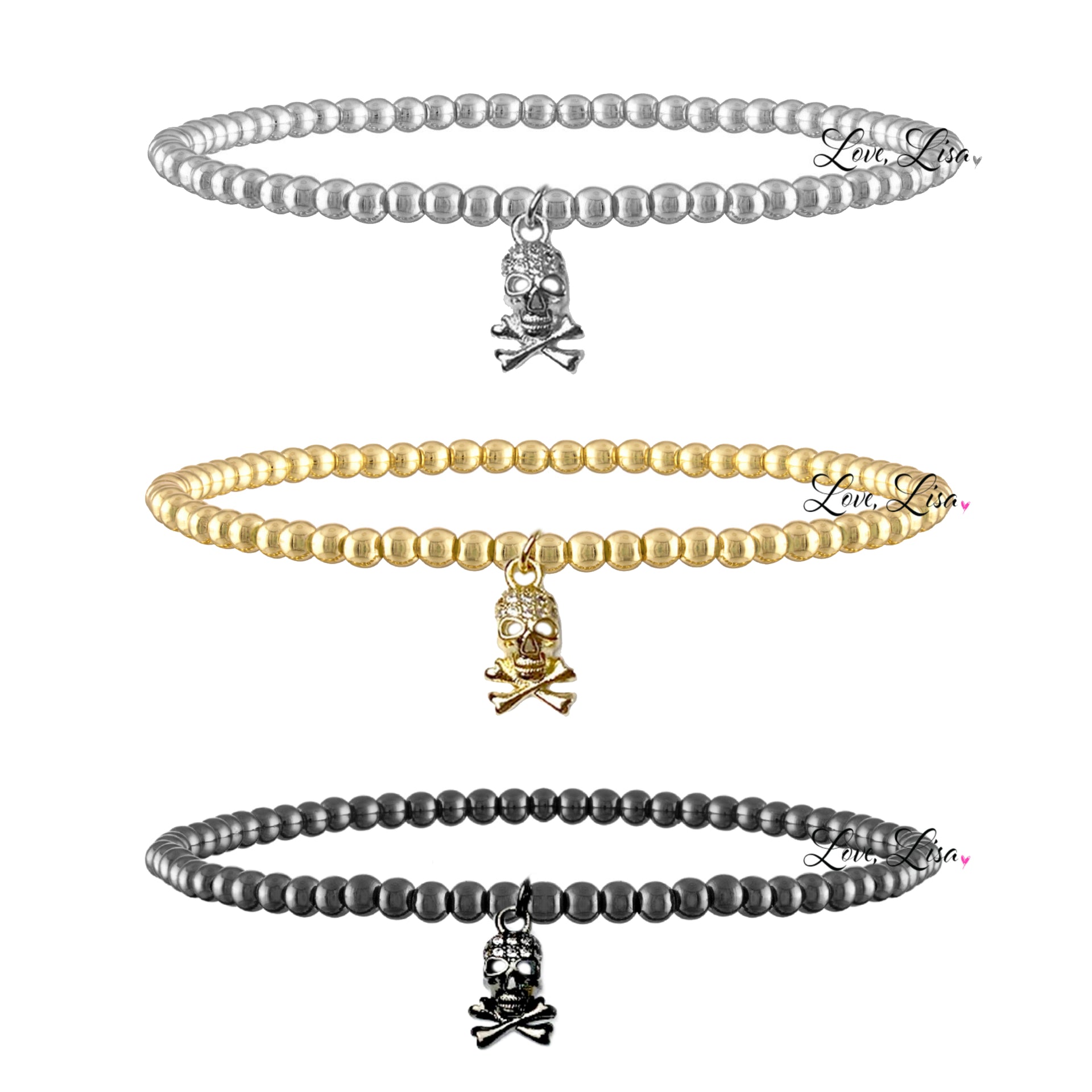 3mm beaded bracelet with skull charm shown in silver, gold and gunmetal