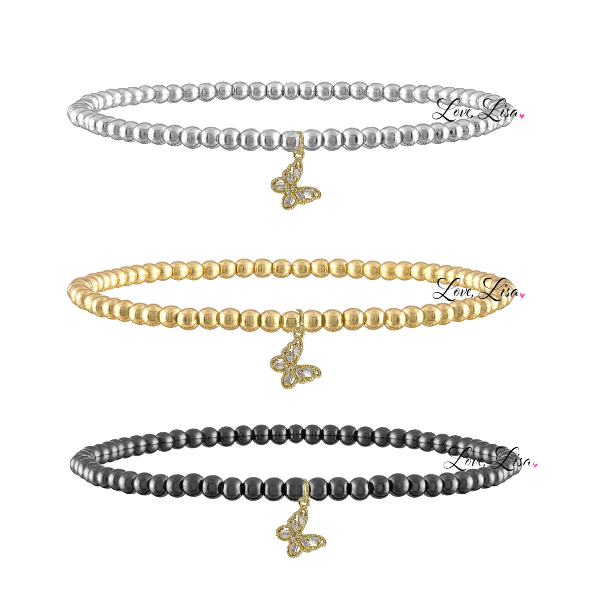 Sami Luxe Charm Bracelet with stone butterfly charm in  silver,  gold and gunmetal