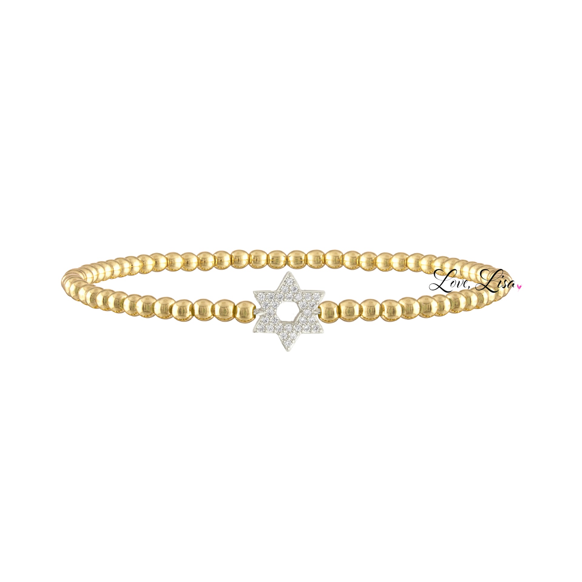 Gold beaded bracelet with a star-shaped clasp on a white background
