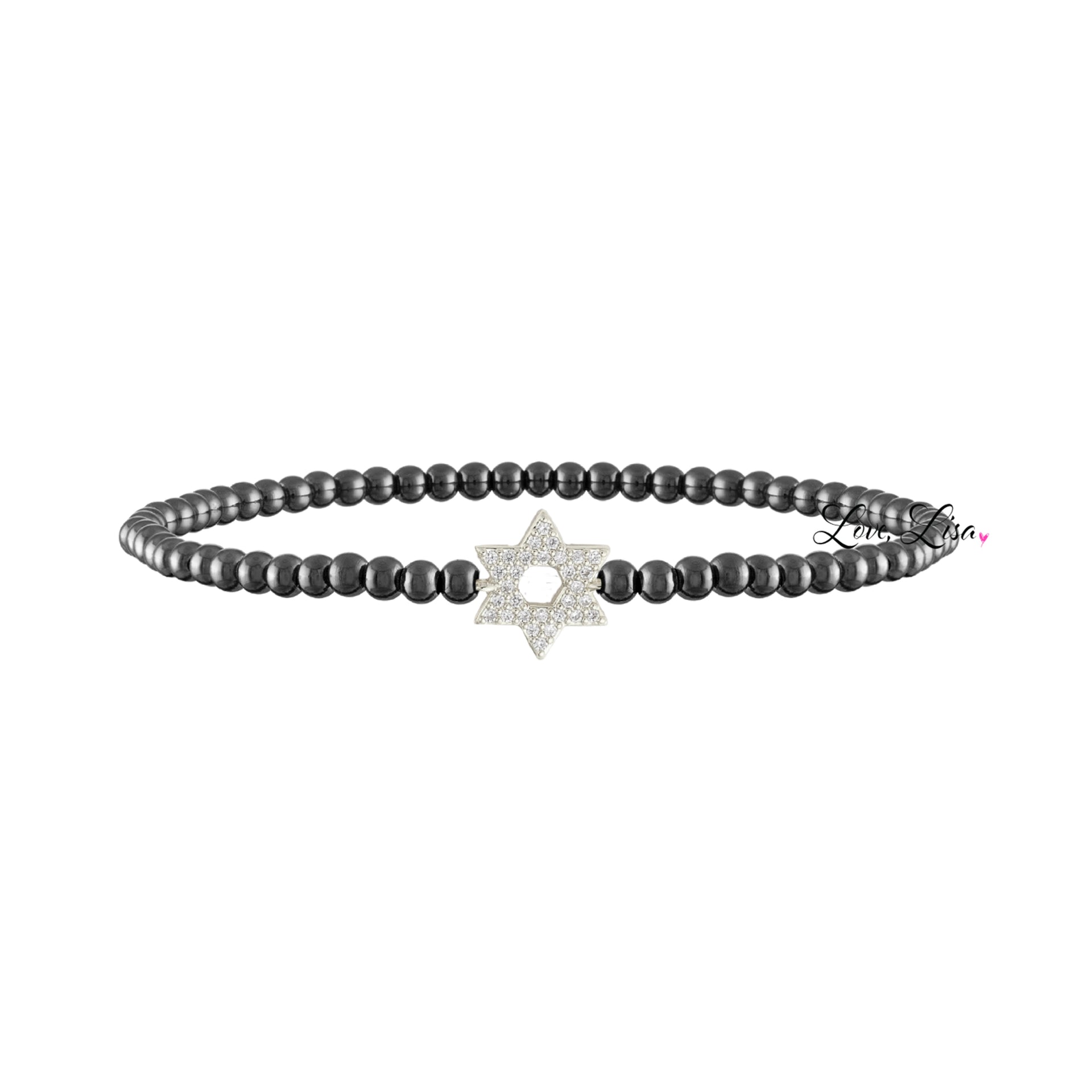 Black beaded bracelet with a star-shaped clasp on a white background