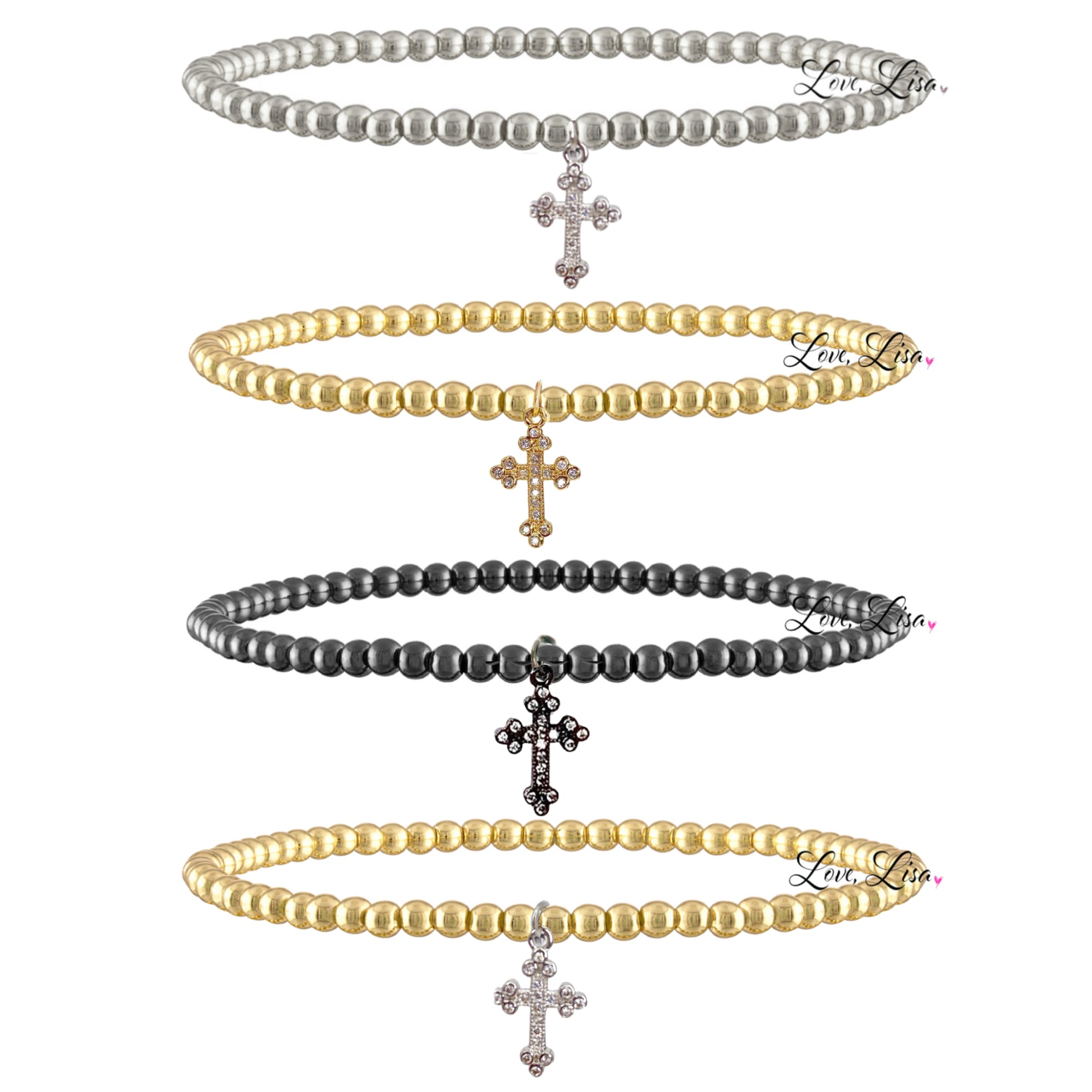 3mm beaded Sami Luxe Religious Bracelet with pave cross charm in silver, gold, gunmetal