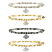 3mm beaded bracelet with pave evil eye charm shown in silver, gold and gunmetal