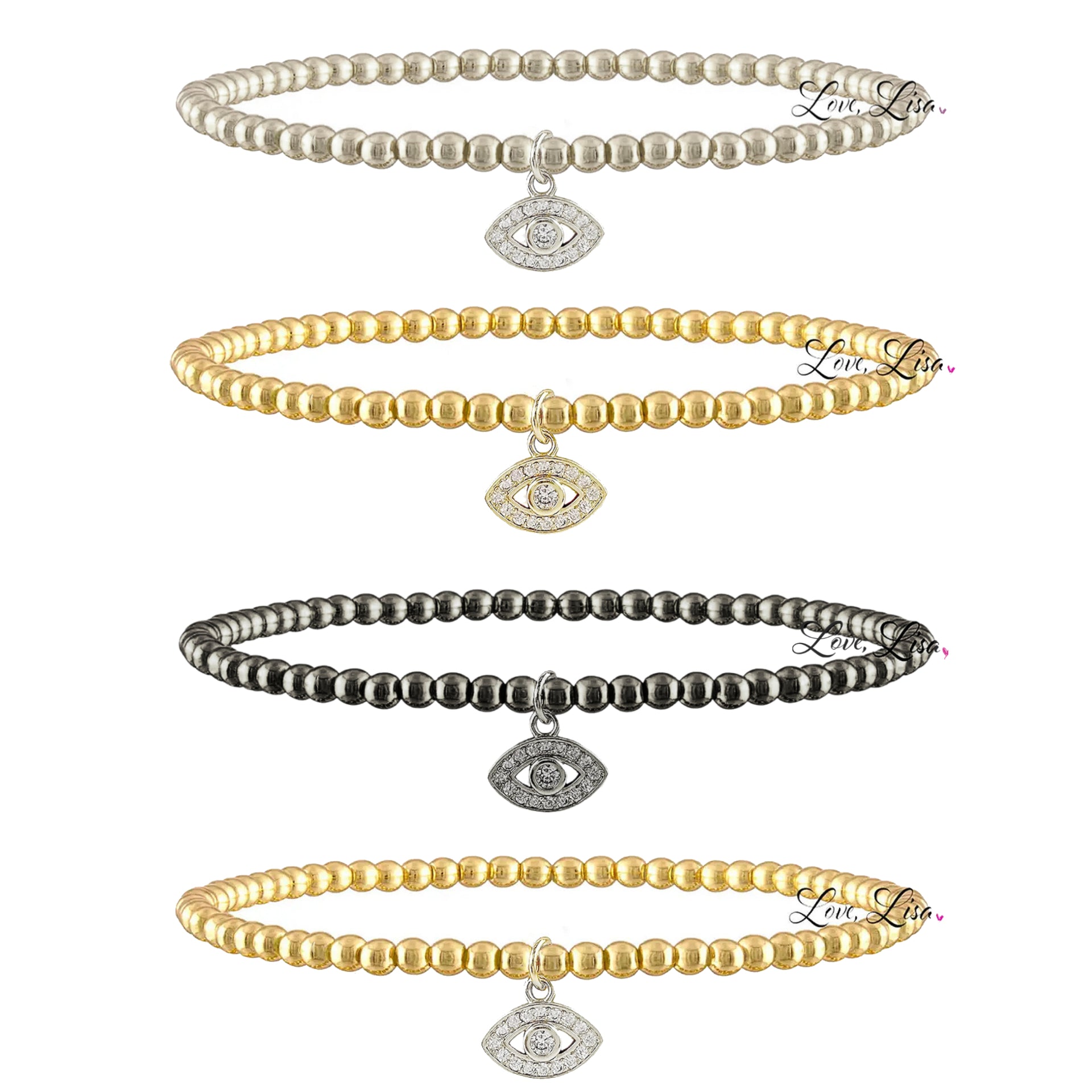3mm beaded bracelet with pave evil eye charm shown in silver, gold and gunmetal