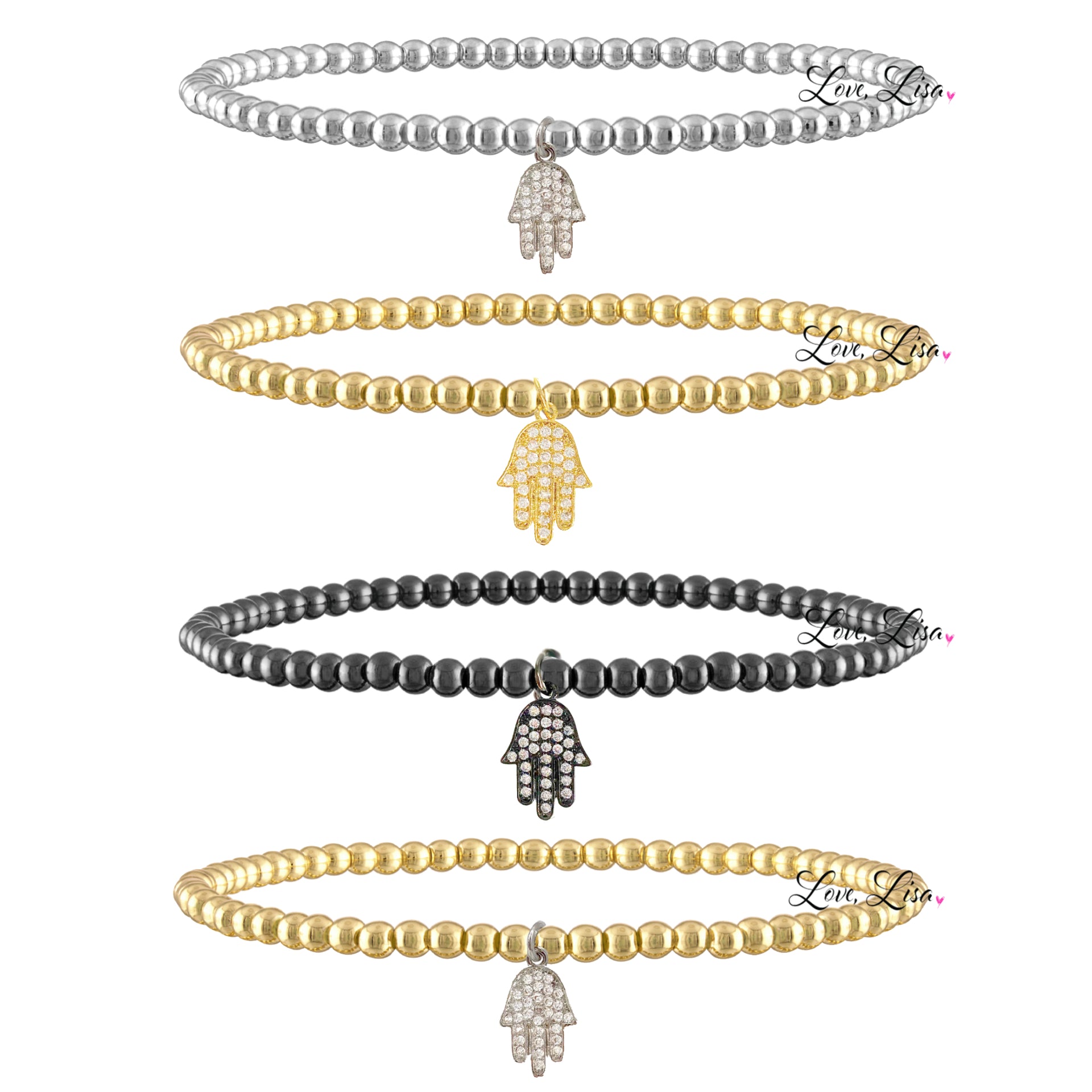 3mm beaded bracelet with pave hamsa charm shown in silver, gold and gunmetal