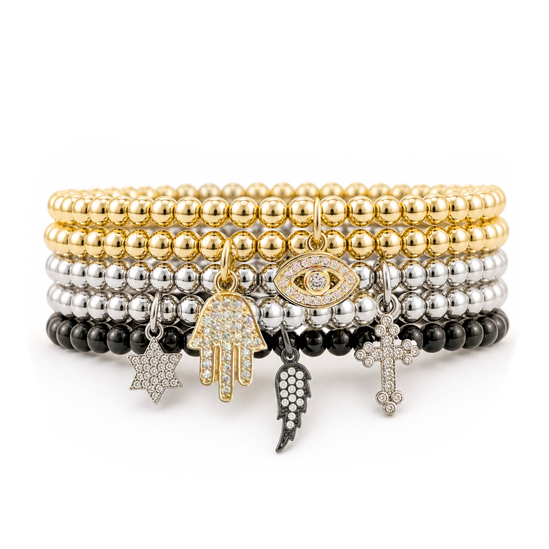 3mm beaded stretch bracelet featuring a single symbolic charm including Evil Eye, Hamsa, Cross, Star of David and Angel Wing