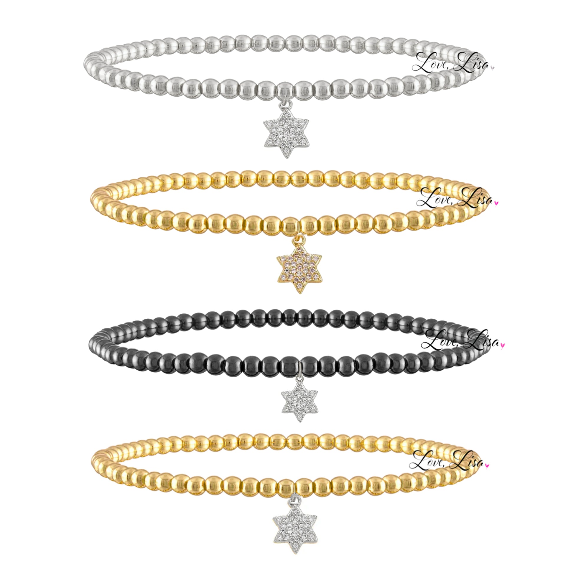 3mm beaded Sami Luxe Religious Bracelet with solid Star of David charm in silver, gold, gunmetal