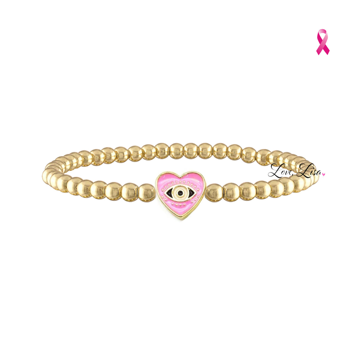 Love Lisa Sandi Breast Cancer Awareness Bracelet with polished gold-tone beads and a pink enamel heart-shaped evil eye centerpiece on white