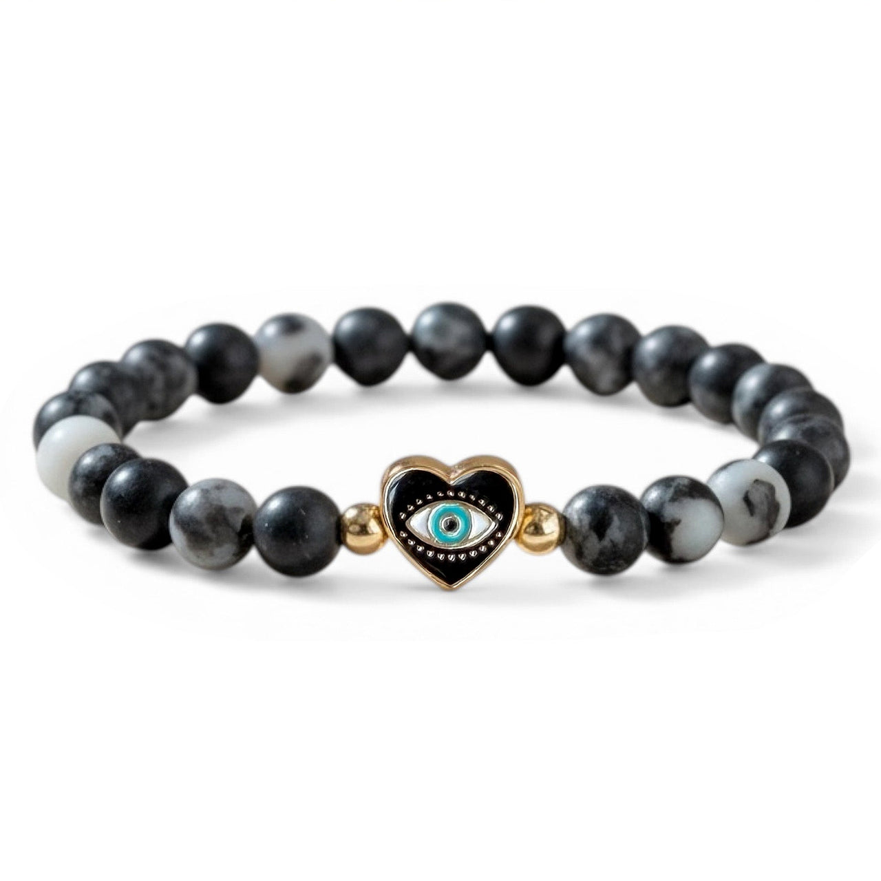 Sandi heart of protection gemstone evil eye bracelet with black jasper beads and heart evil eye charm