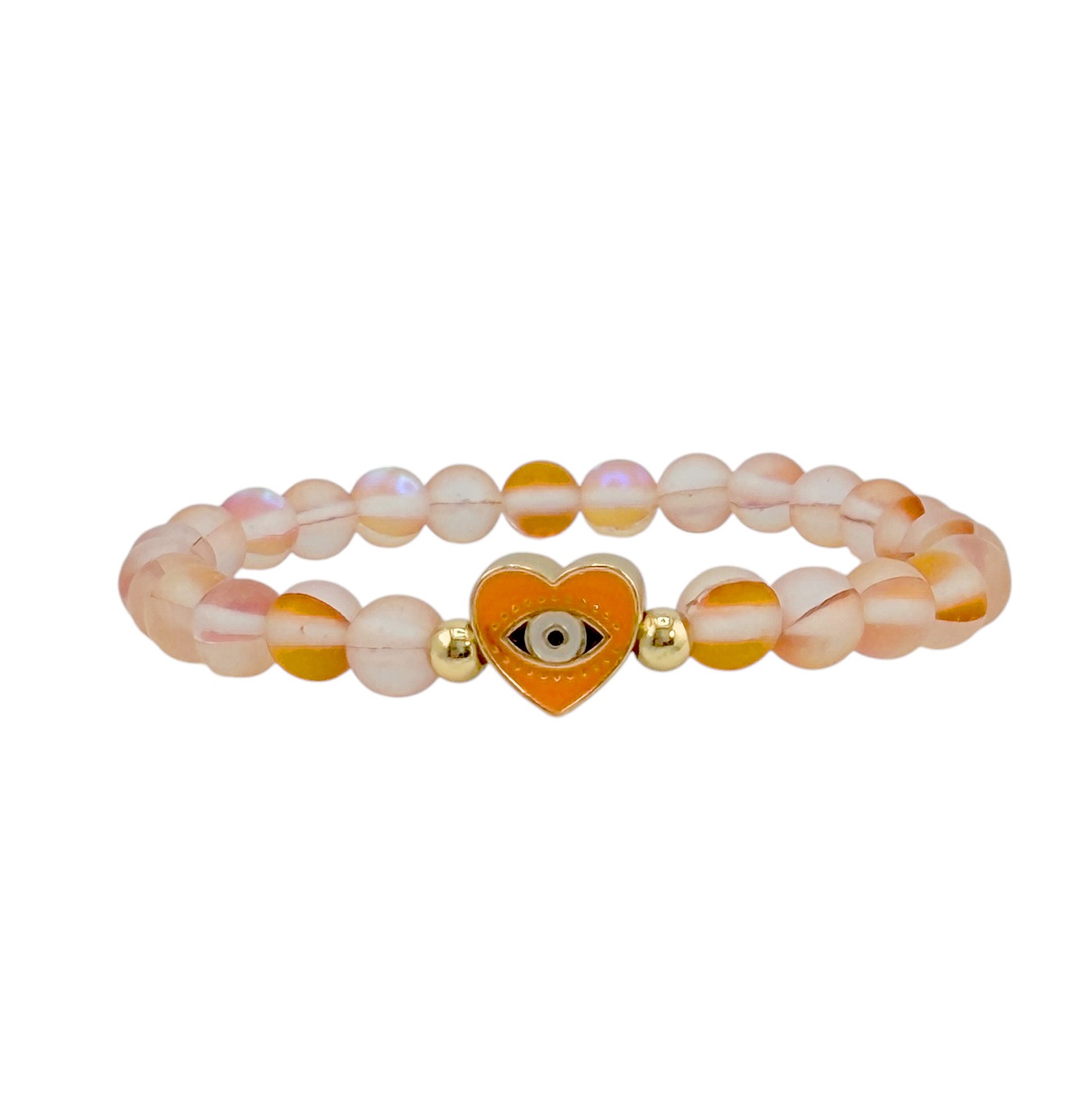 Sandi Heart of Protection orange mermaid evil eye bracelet with glowing orange beads and gold heart charm with evil eye center