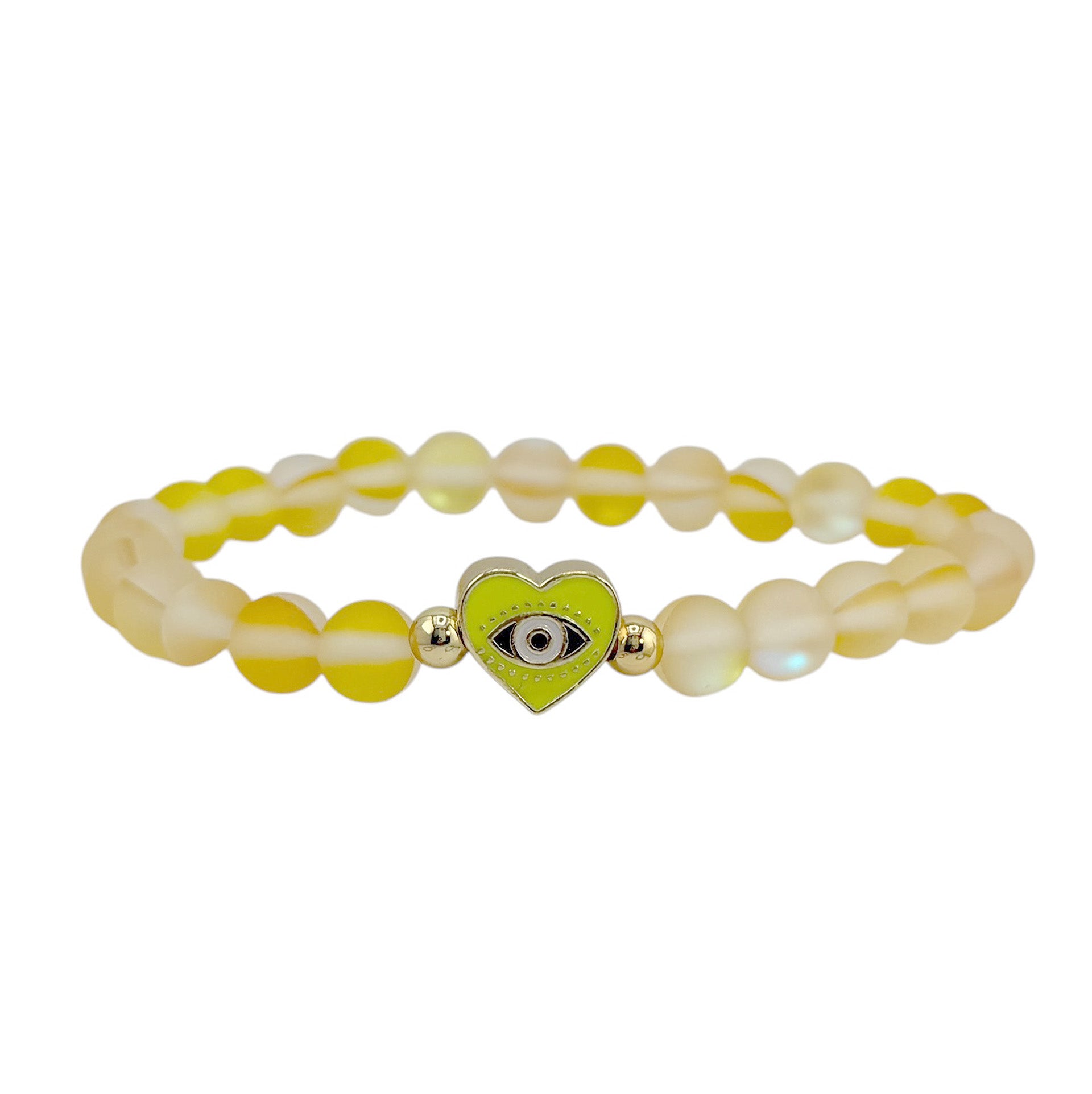 Sandi Heart of Protection yellow mermaid evil eye bracelet with glowing yellow beads and gold heart charm with evil eye center