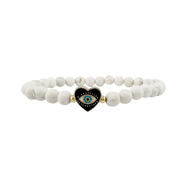 White beaded bracelet with a heart-shaped evil eye charm on a white background