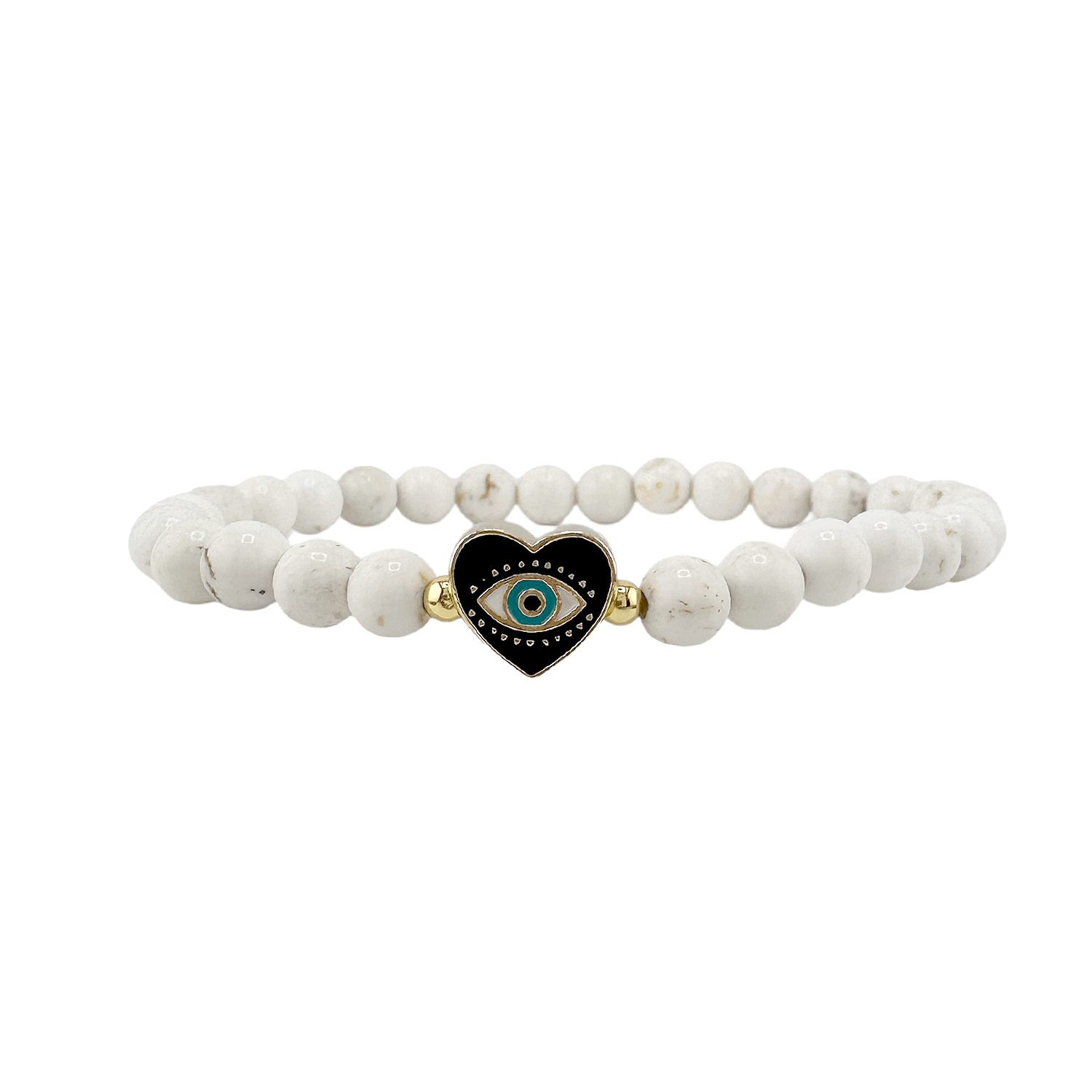 White beaded bracelet with a heart-shaped evil eye charm on a white background