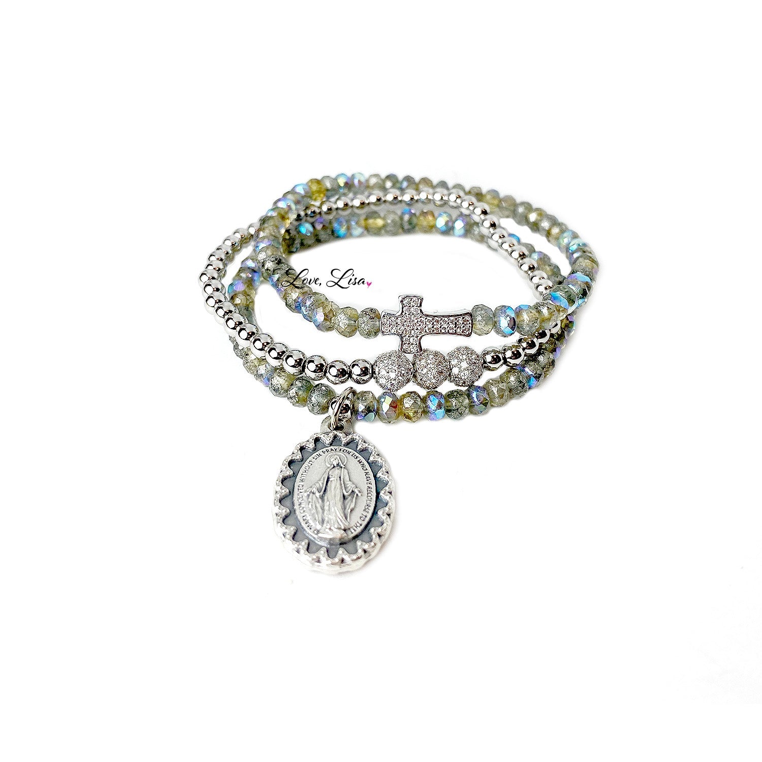 sandy miraculous medal bracelet stack grey crystal beads