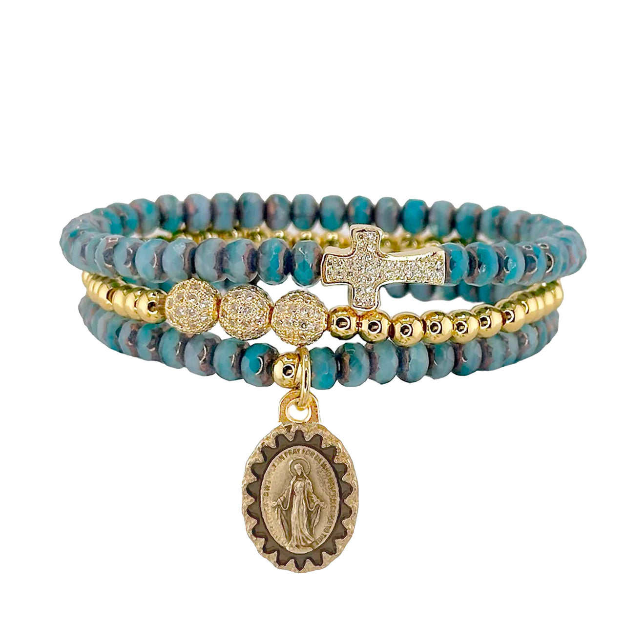 A stack of three bracelets featuring a gold-colored cross and turquoise beads, with gold accents.
