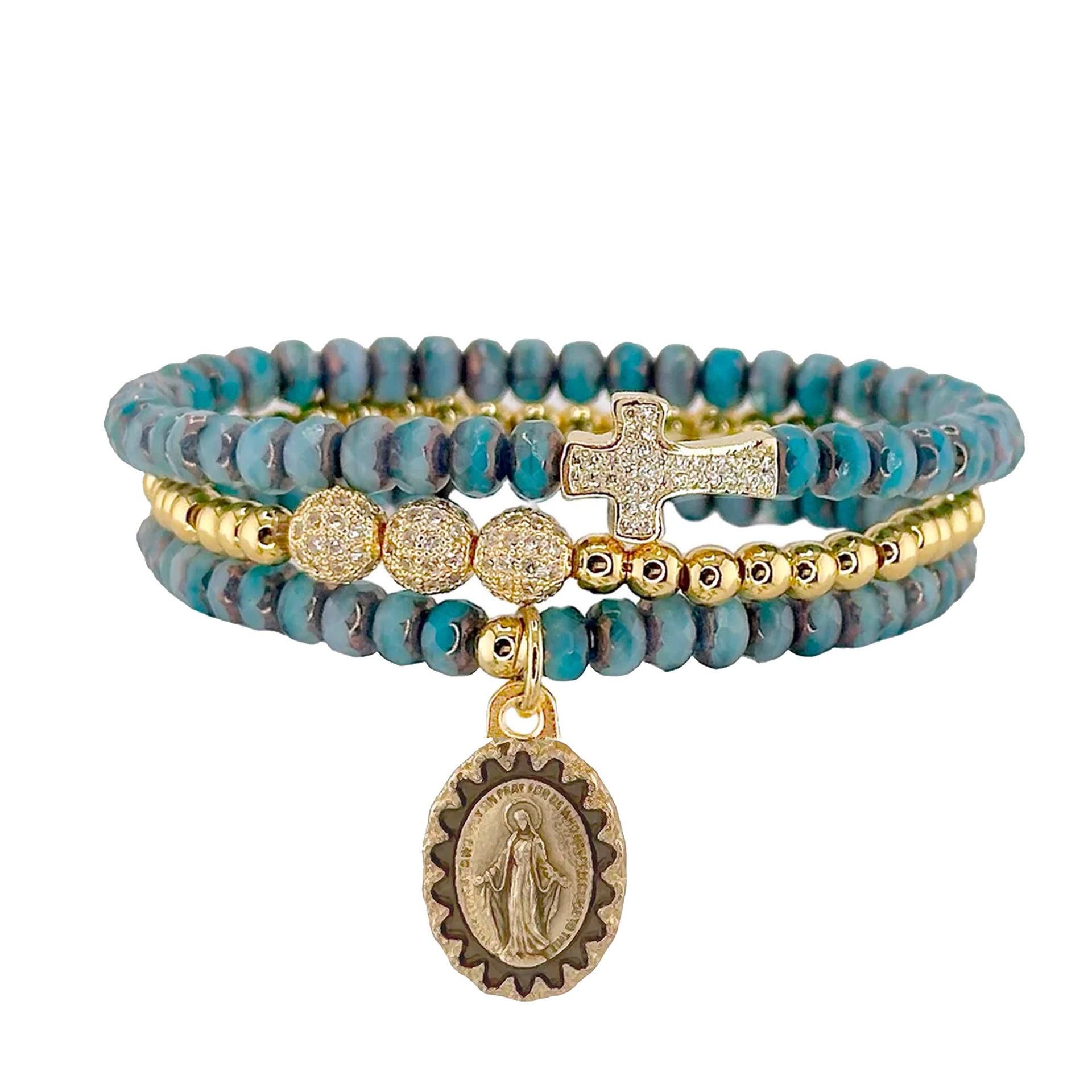 A stack of three bracelets featuring a gold-colored cross and turquoise beads, with gold accents.
