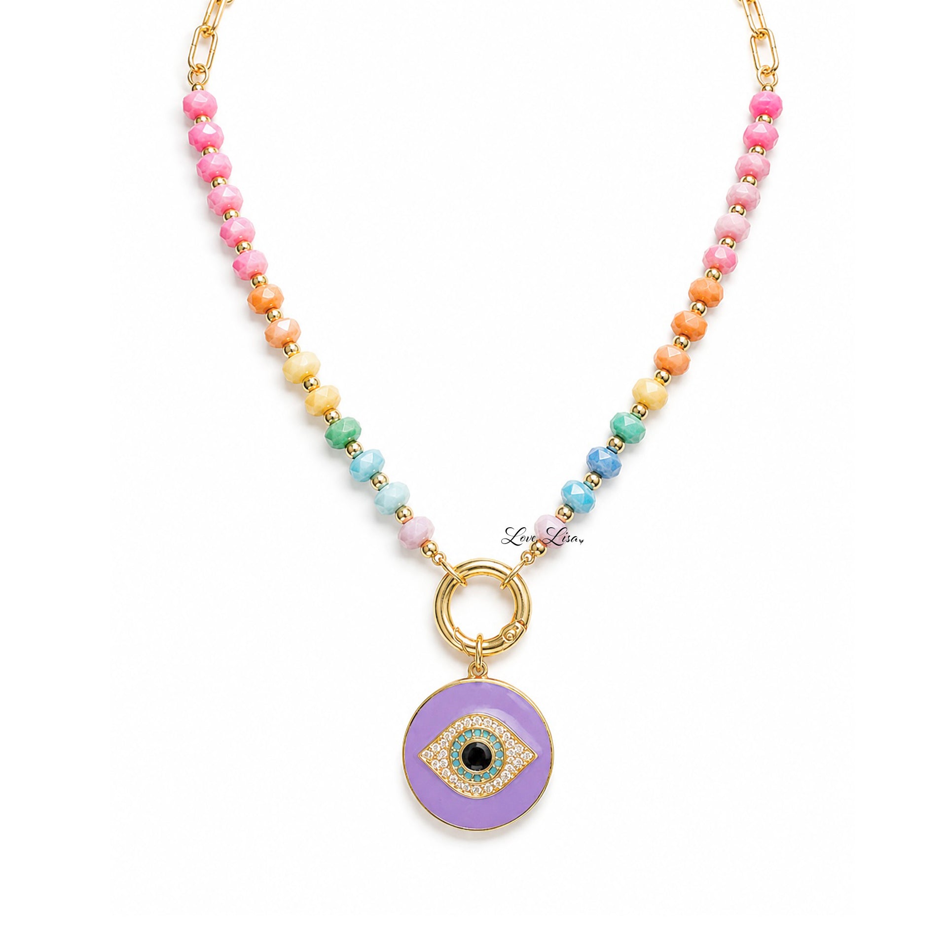 Santorini Evil Eye Crystal Paperclip Necklace in lavender with 8mm crystal rondelle beads gold chain and enamel evil eye charm