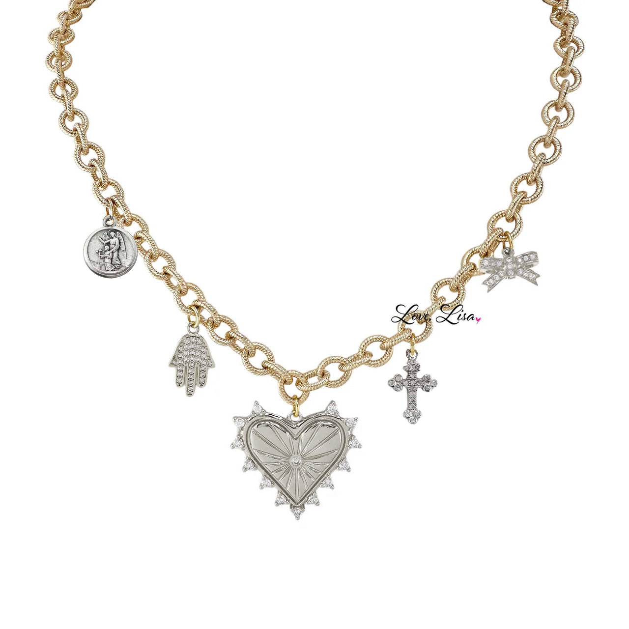 A gold-toned necklace featuring a heart pendant with a bow, a cross, a guardian angel, and a Hamsa charm.