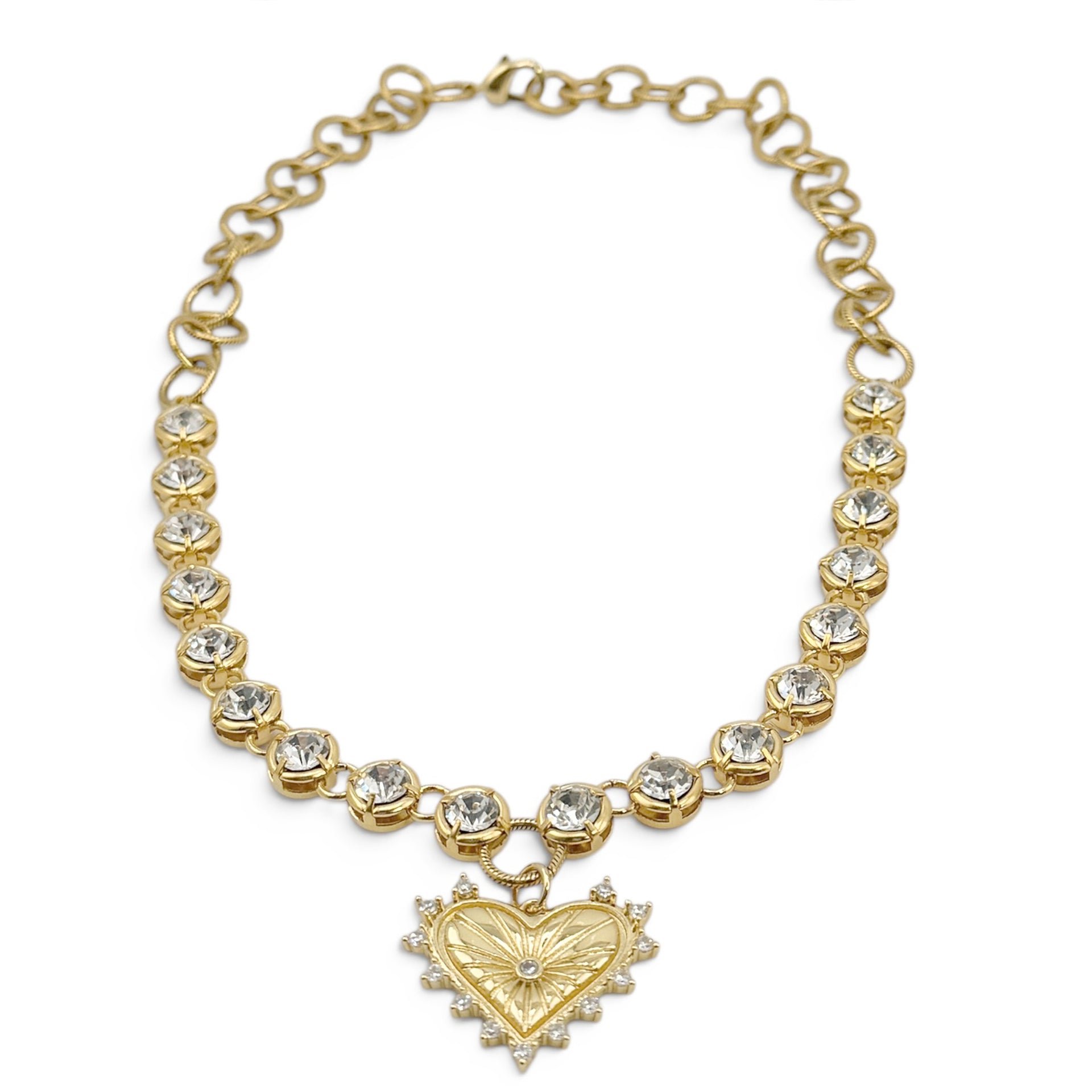 crystal heart statement necklace with bezel set stones and vintage inspired heart pendant detail