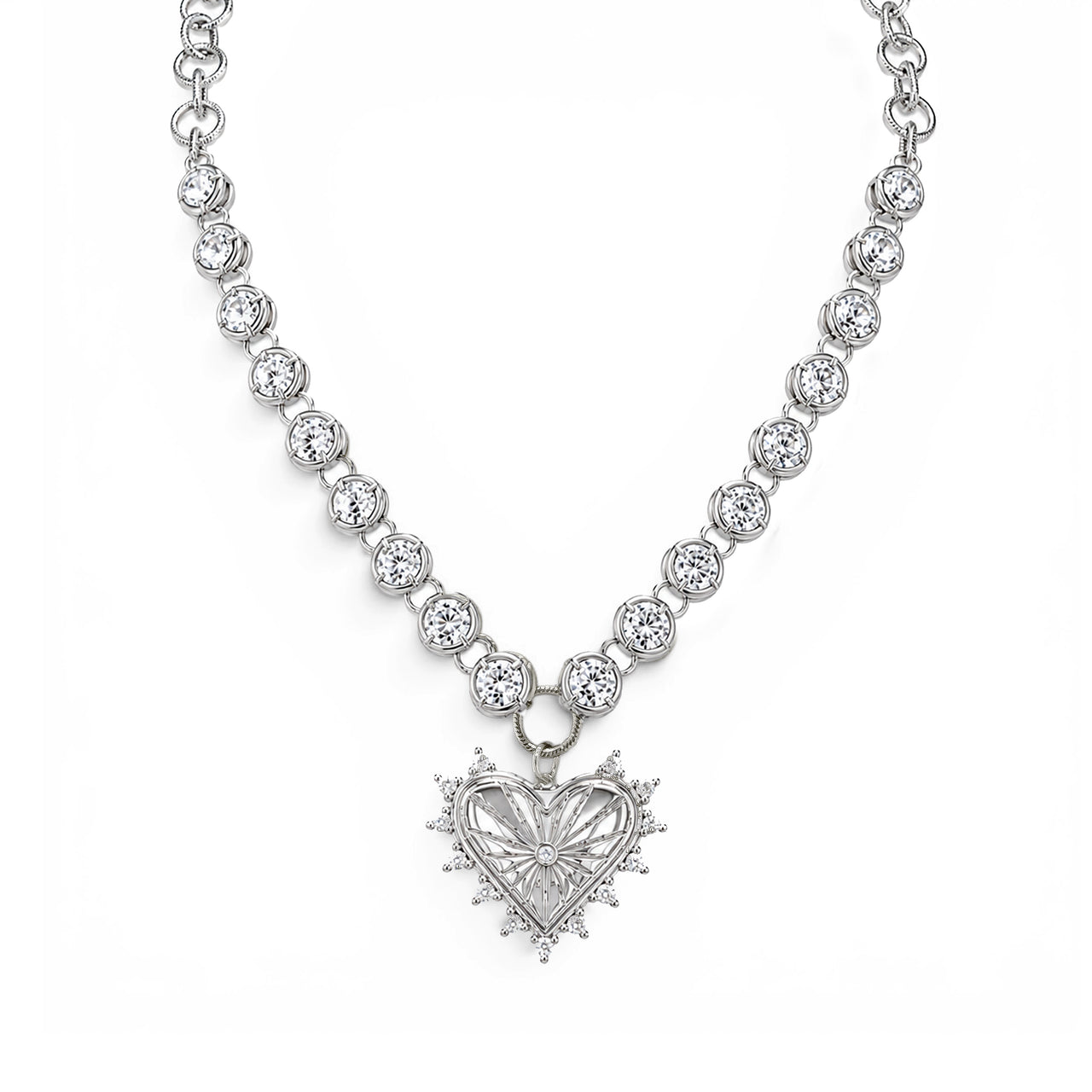 silver crystal heart statement necklace with bezel set crystal chain and heart pendant