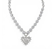 silver crystal heart statement necklace with bezel set crystal chain and heart pendant