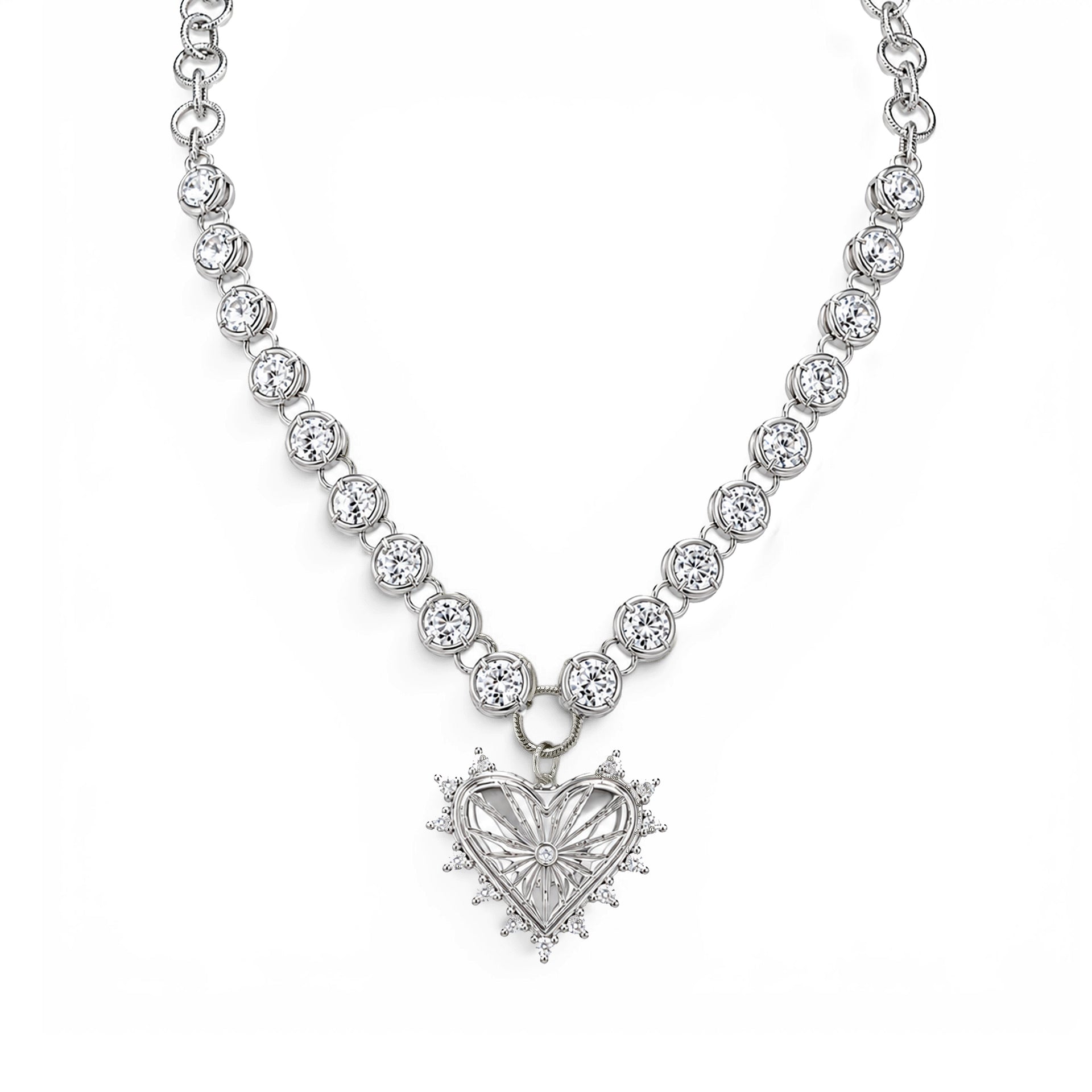 silver crystal heart statement necklace with bezel set crystal chain and heart pendant