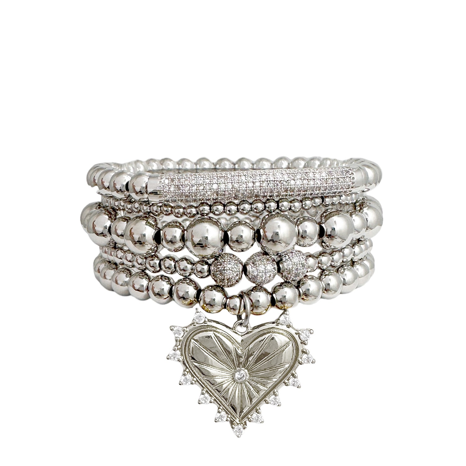 love lisa silver heart charm bracelet stack with polished beads