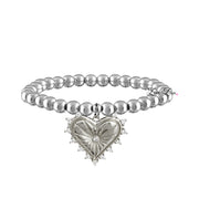 silver beaded bracelet with crystal heart charm polished shine jewelry for women