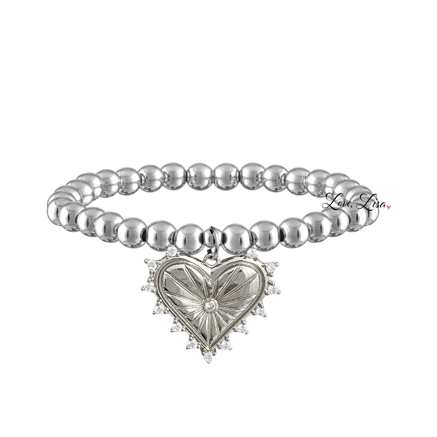 silver beaded bracelet with crystal heart charm polished shine jewelry for women