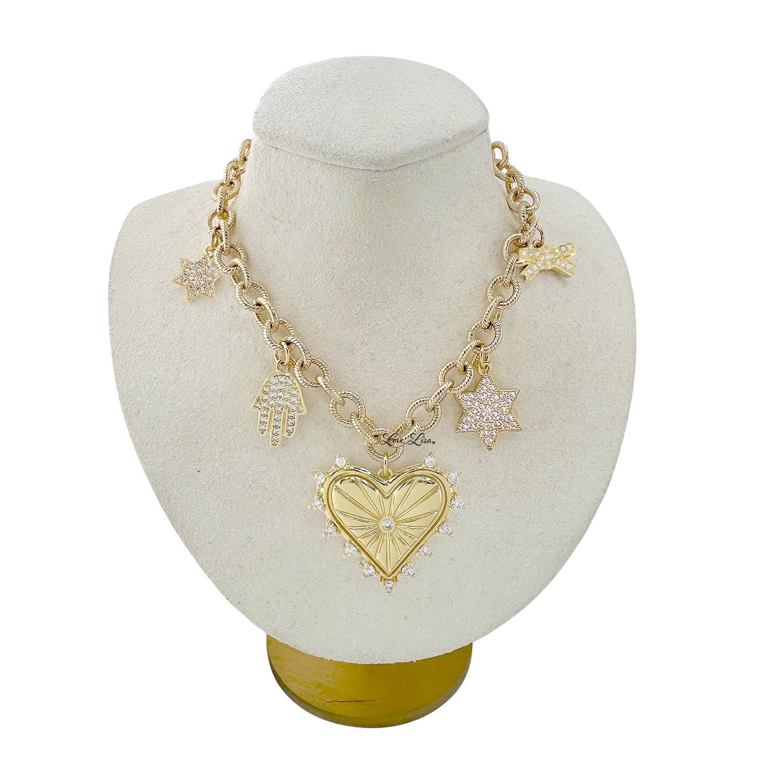 Sarah Love Necklace display with Jewish Star and Hamsa charms